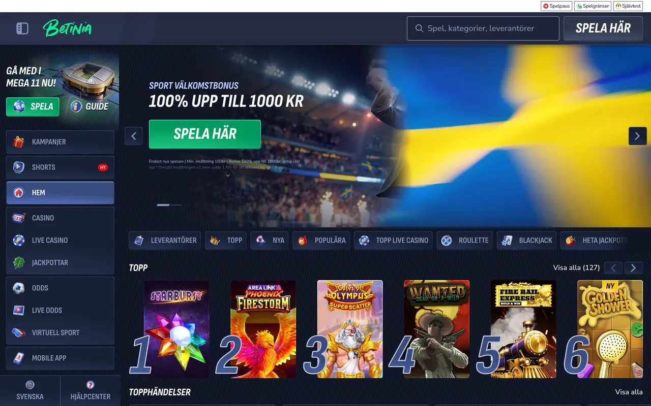 Startsidan hos Betinia
