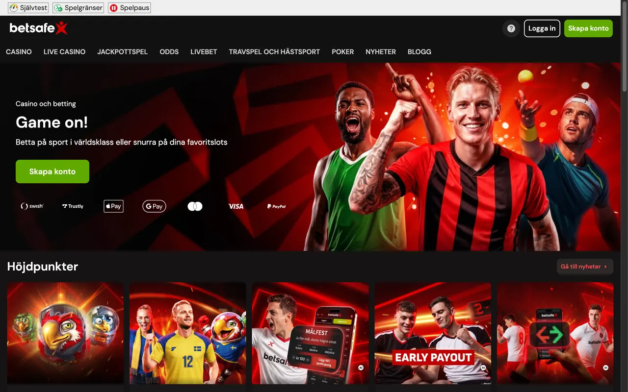 Startsidan hos Betsafe