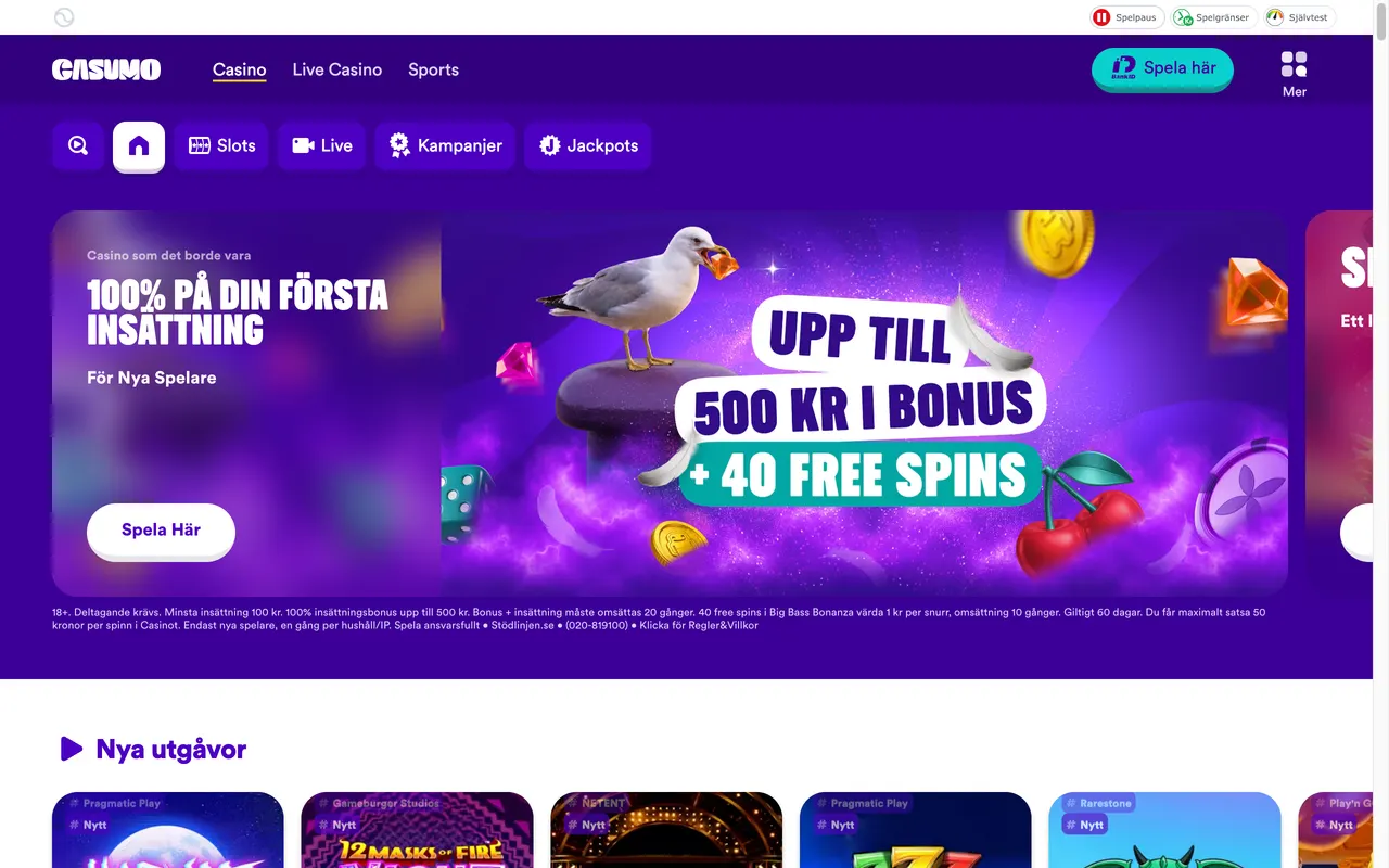 Startsidan hos Casumo