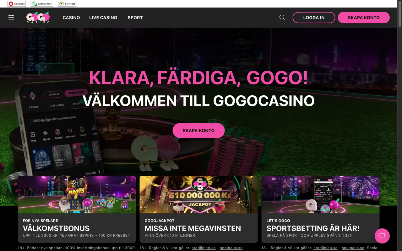 Startsidan hos GoGo Casino