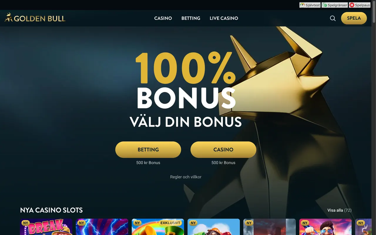 Startsidan hos Golden Bull