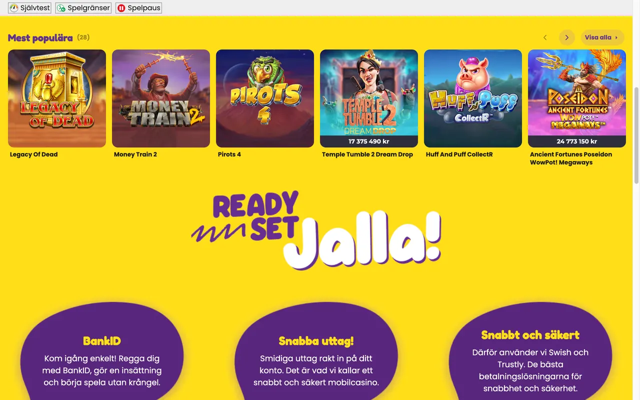 Startsidan hos Jalla Casino