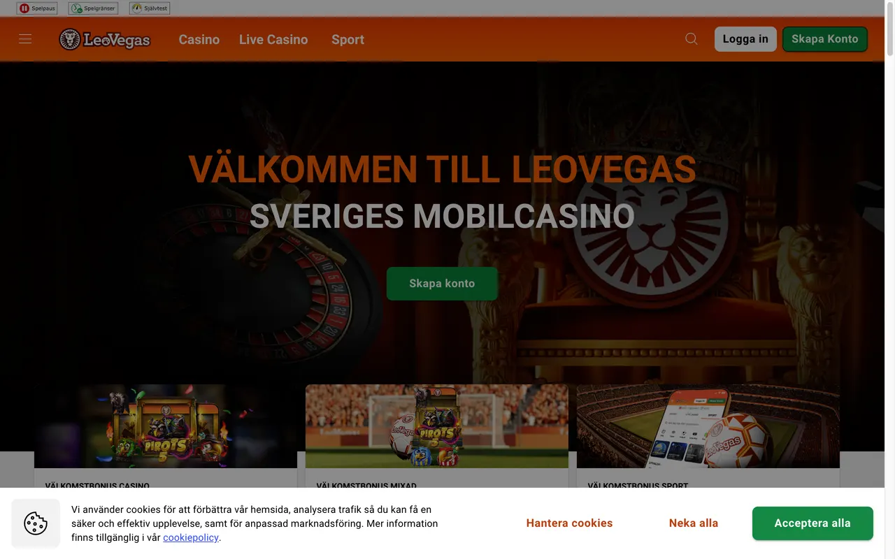 Startsidan hos LeoVegas