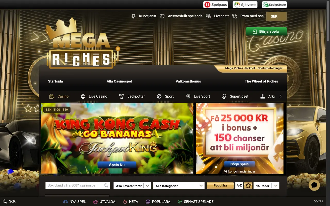 Startsidan hos Mega Riches