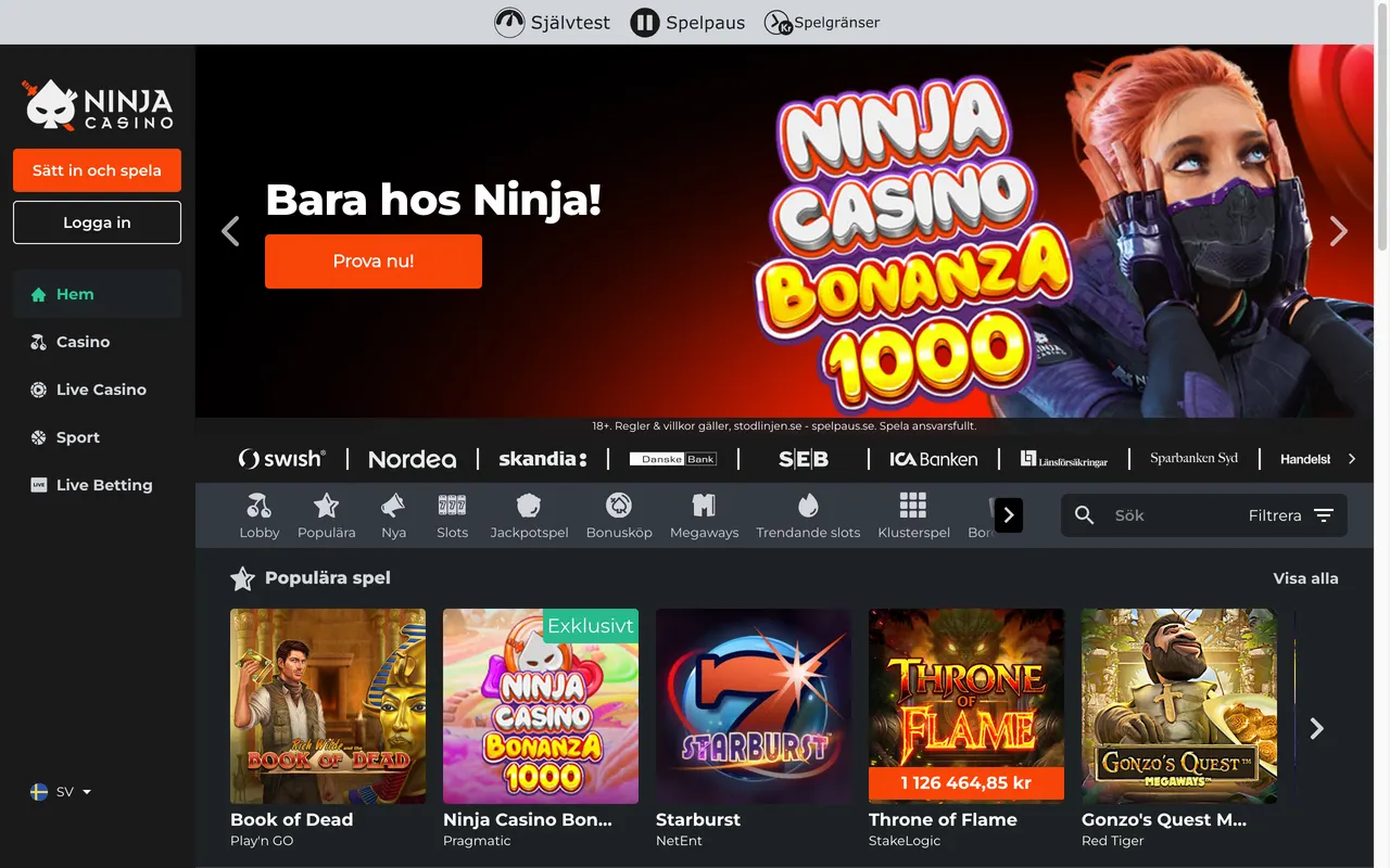 Startsidan hos Ninja Casino