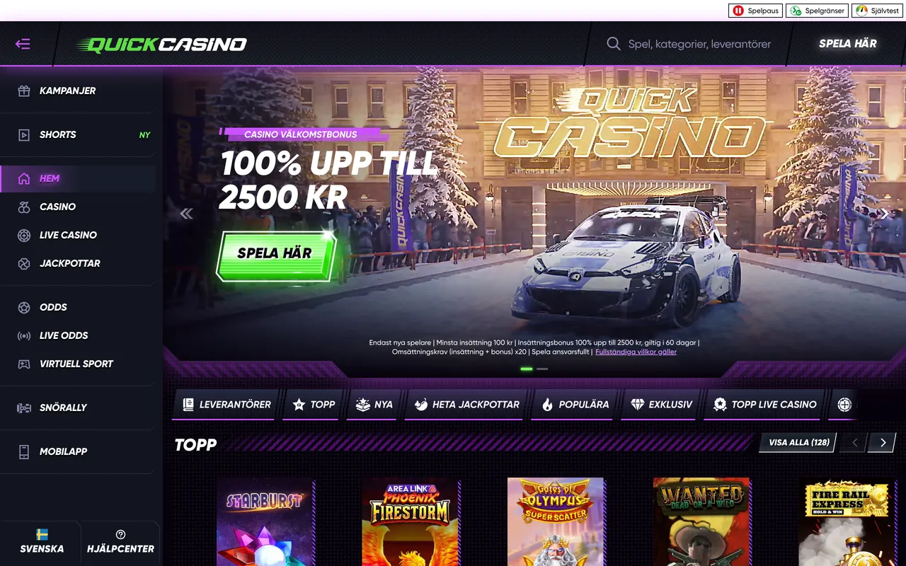Startsidan hos Quick Casino