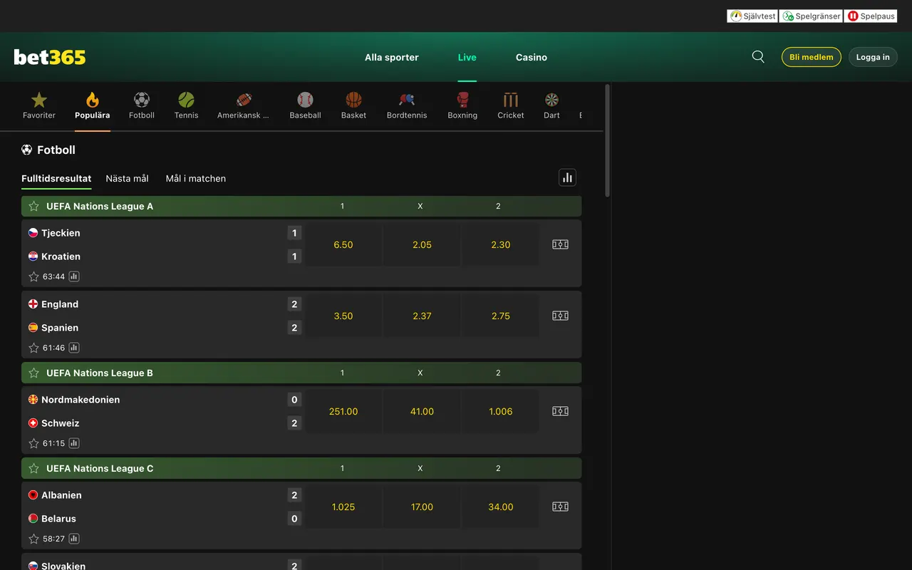 Liveodds hos bet365