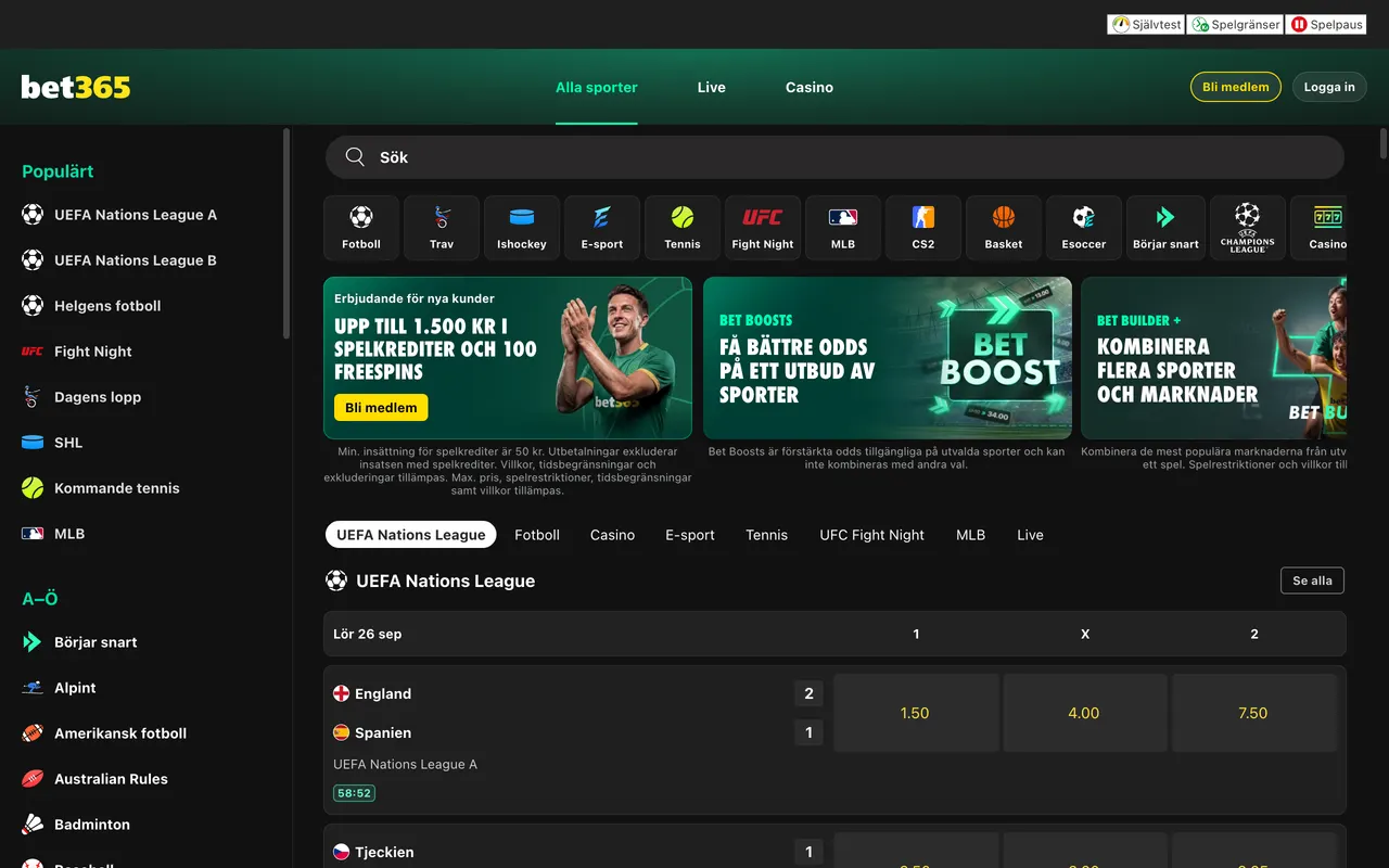 Startsidan hos bet365