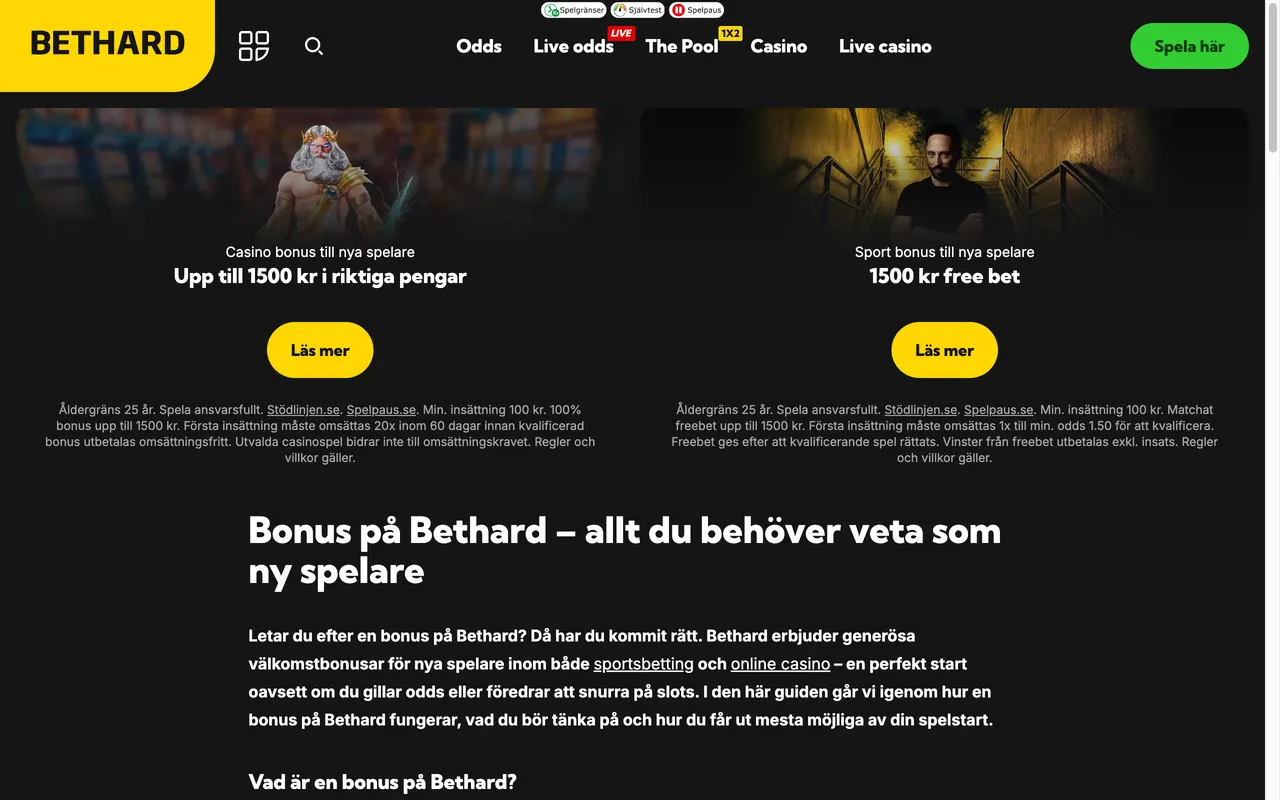 Bethards erbjudandesida med casino- och sportbonus