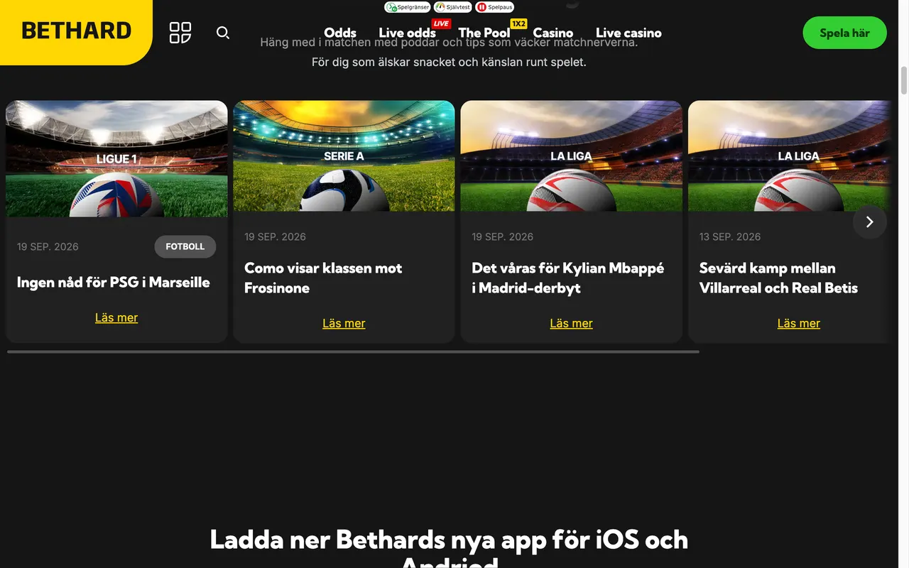 Live-odds på Bethards startsida