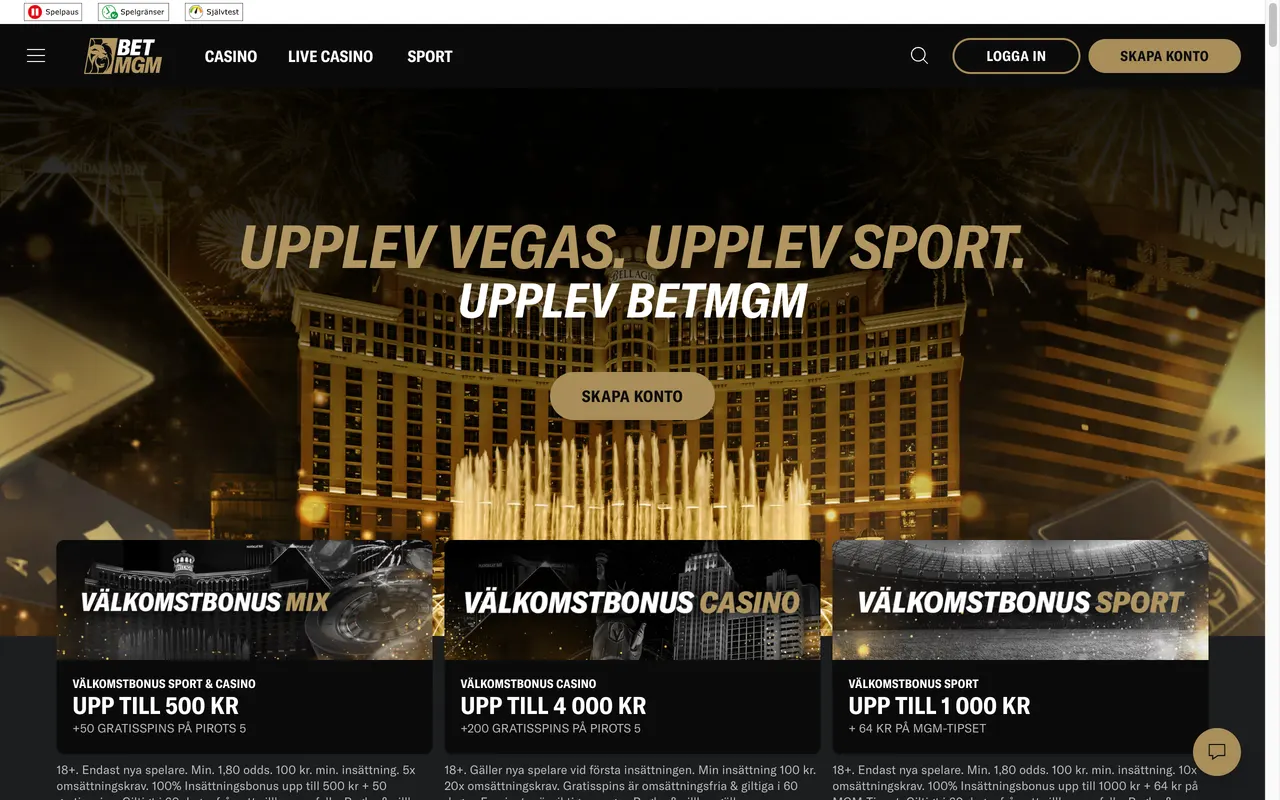 Startsidan hos BetMGM