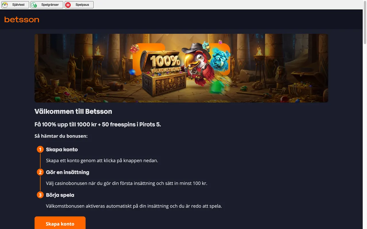 Betssons välkomstbonussida