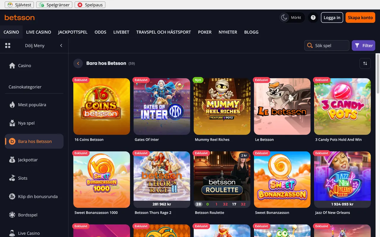 Bara hos Betsson-hyllan i casinolobbyn