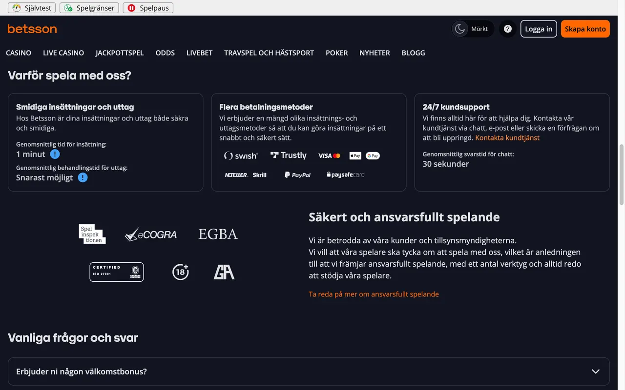 Betssons betalmetoder och trygghetsmärken