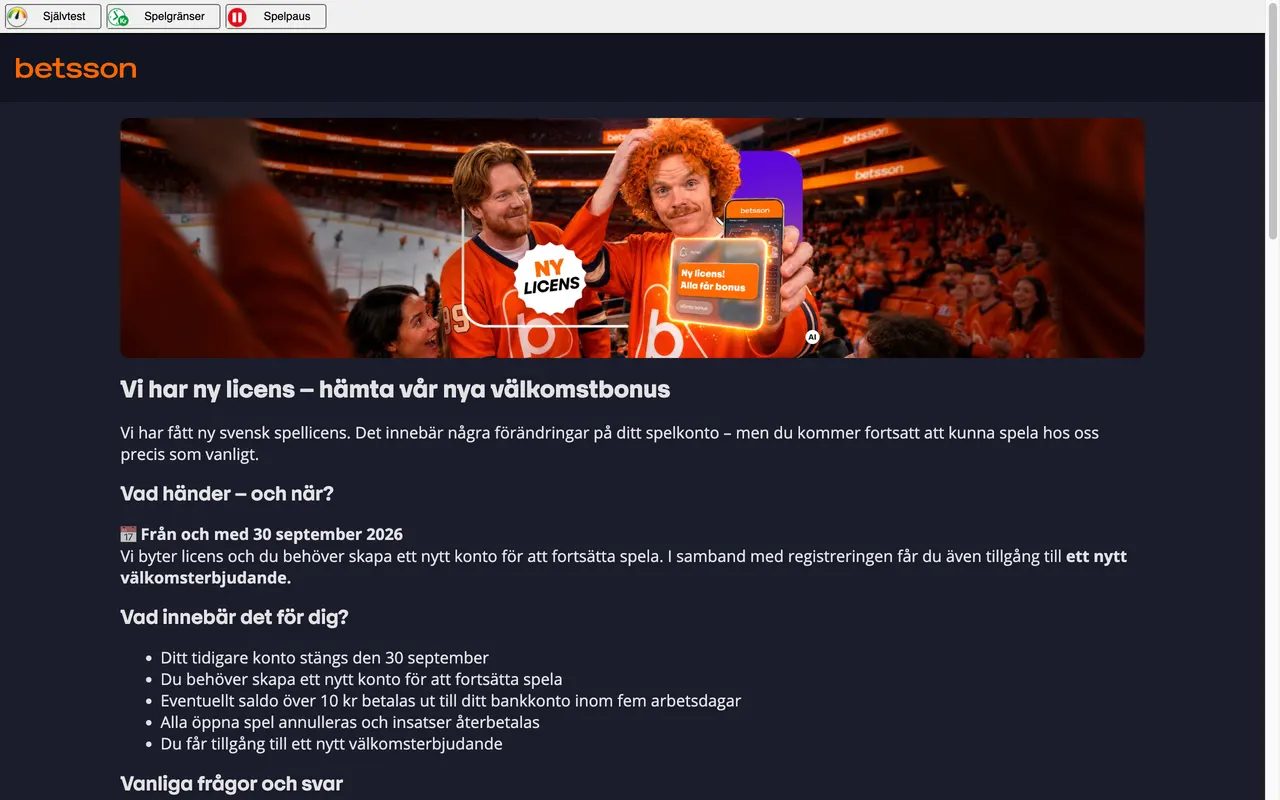 Betssons informationssida om licensbytet