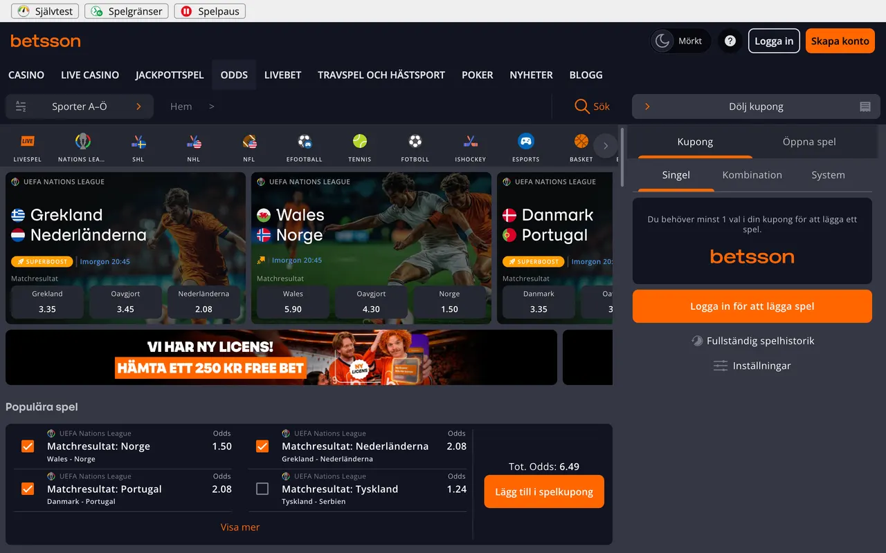 Sportsboken hos Betsson med Nations League-odds