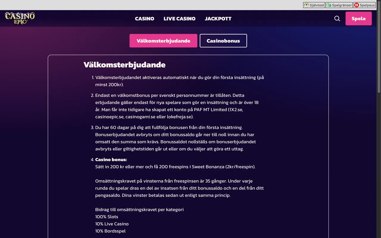 Bonuserbjudandet hos Casino Epic