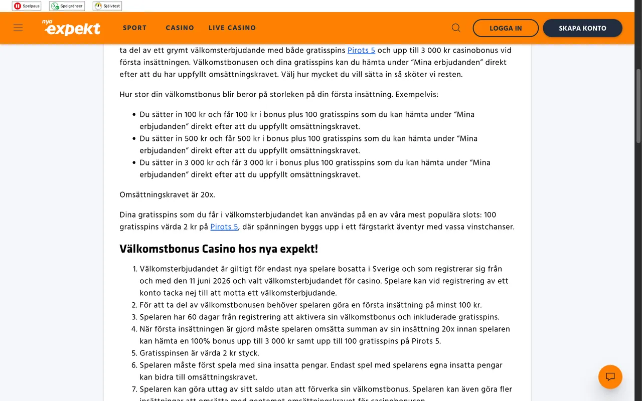 Casinobonusen hos Expekt