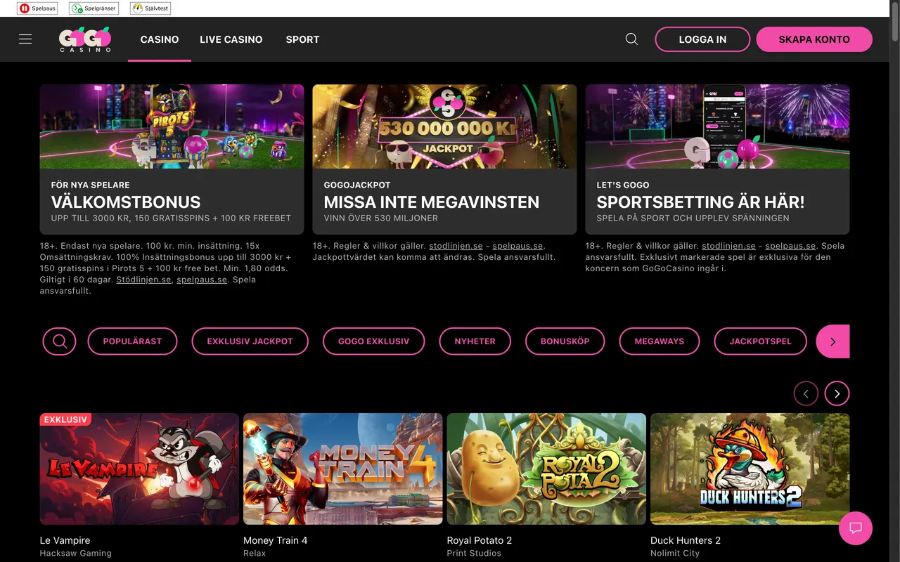 Casinolobbyn hos GoGo Casino