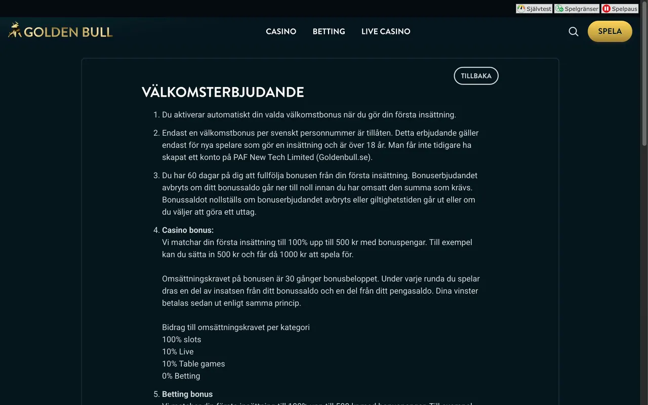 Bonusvillkoren hos Golden Bull