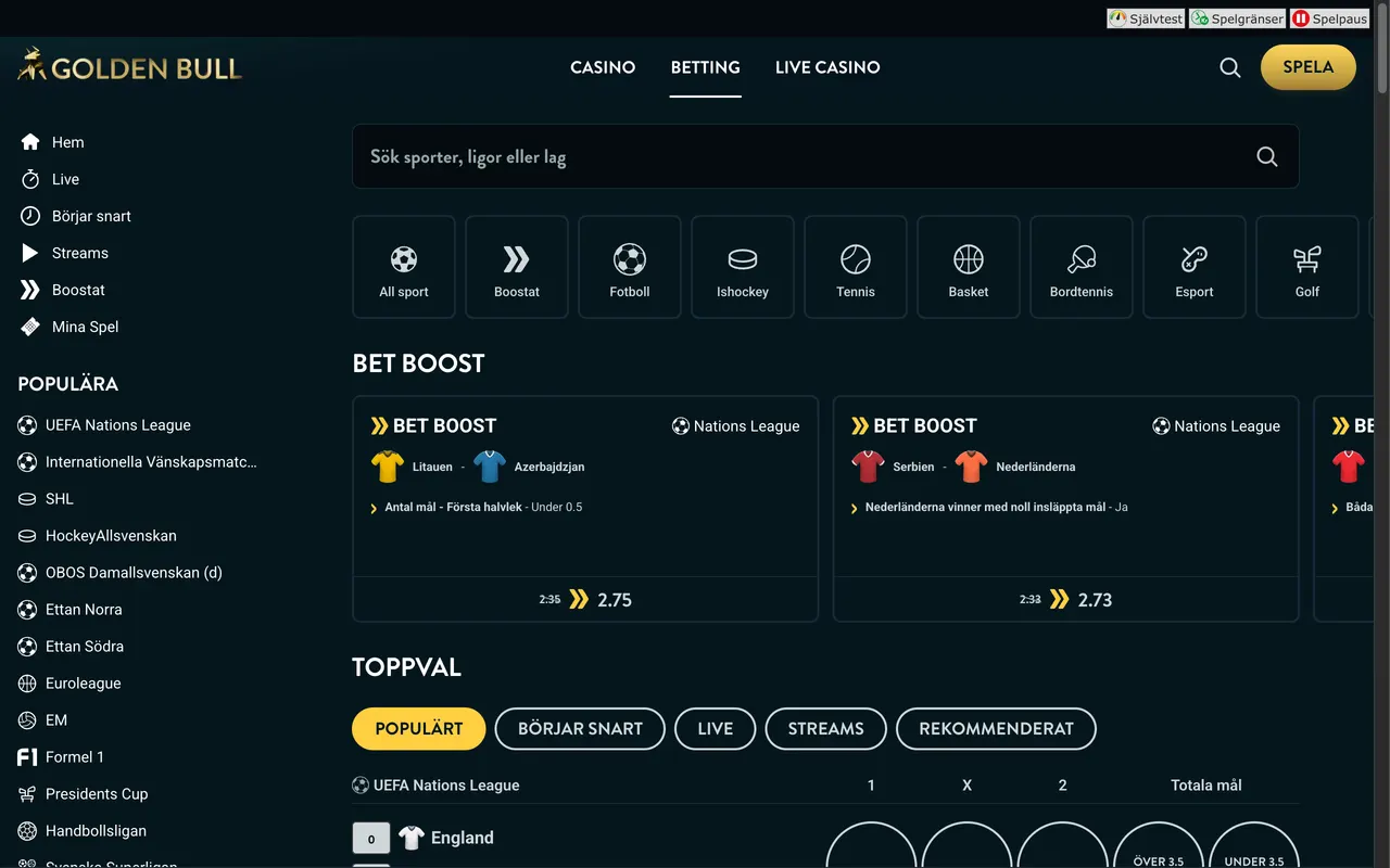 Sportsboken hos Golden Bull