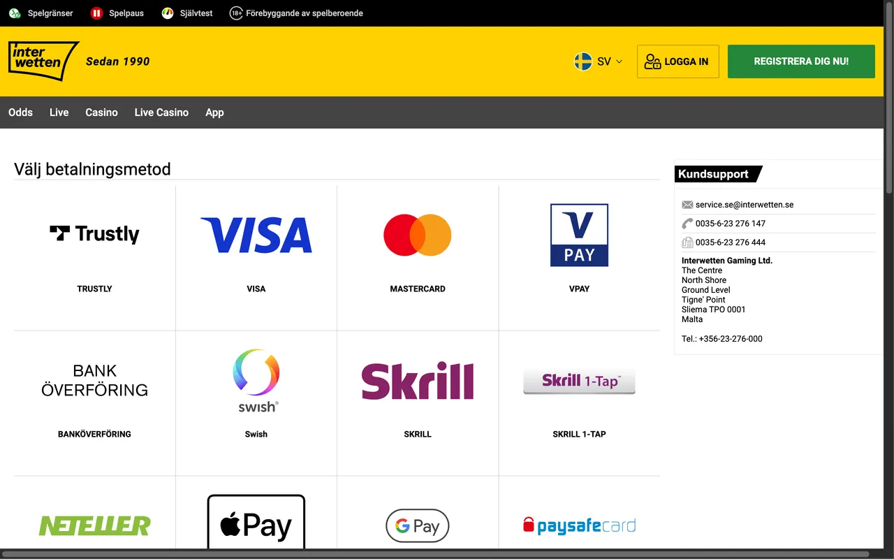Betalsidan hos Interwetten