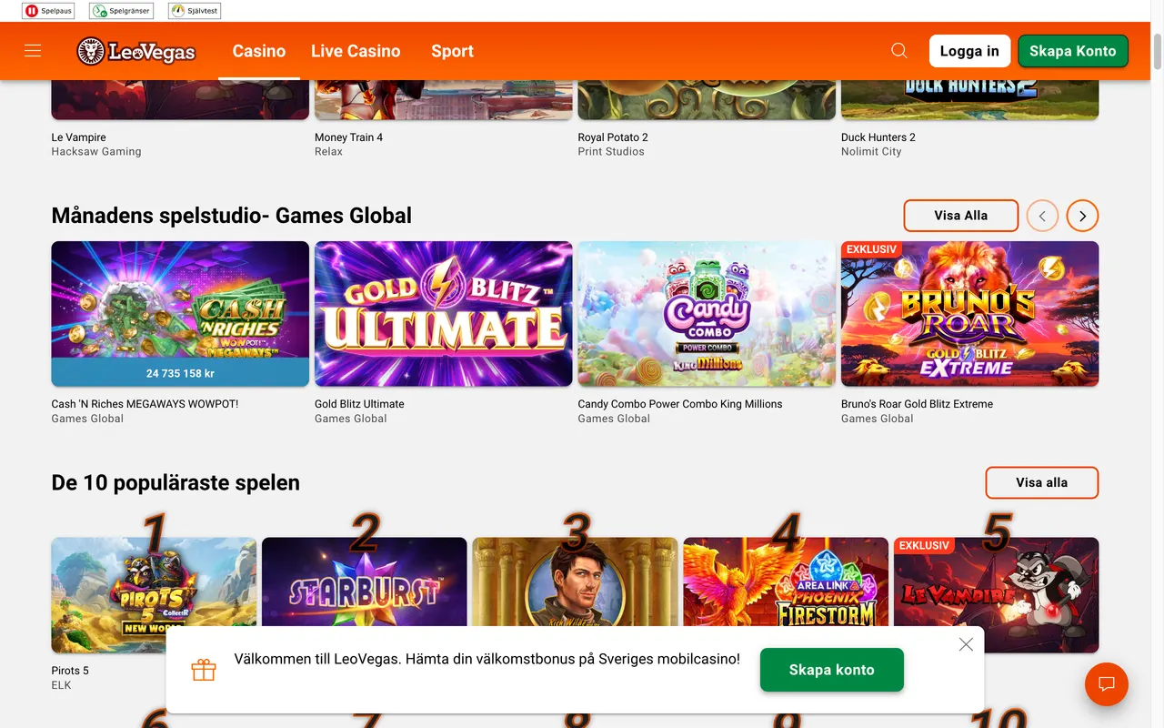 Casinolobbyn hos LeoVegas