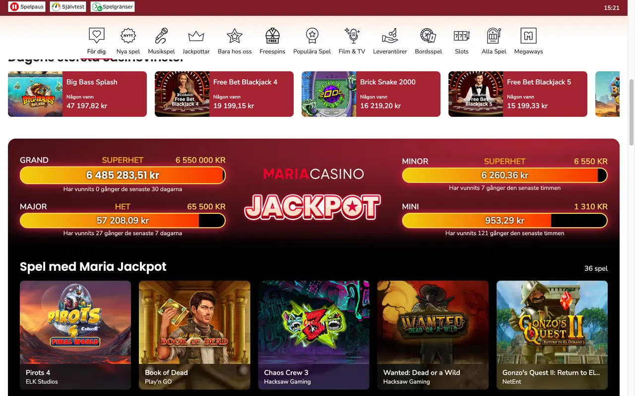 Spelkategorierna hos Maria Casino