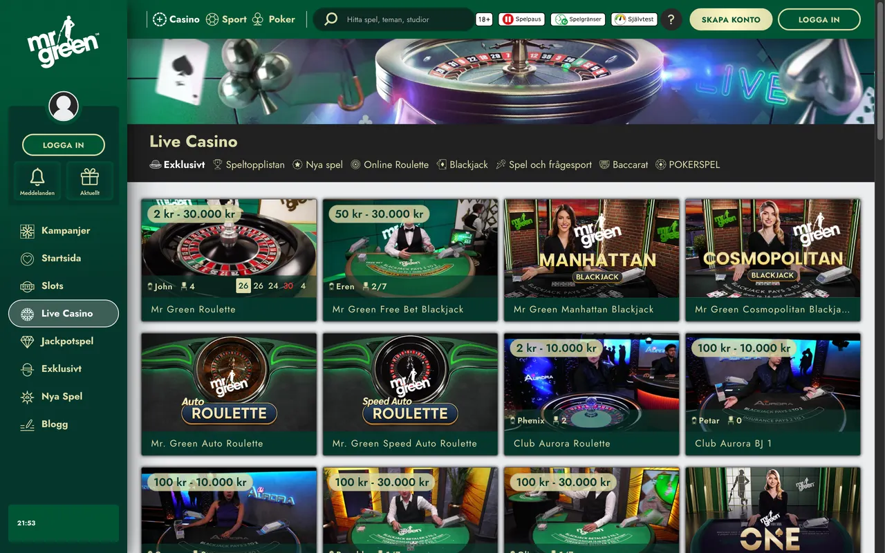 Live casino hos Mr Green