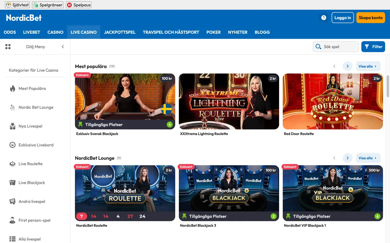 Live casino hos NordicBet