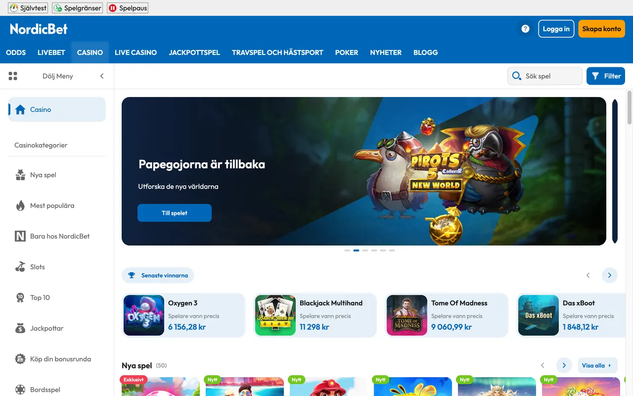 Startsidan hos NordicBet
