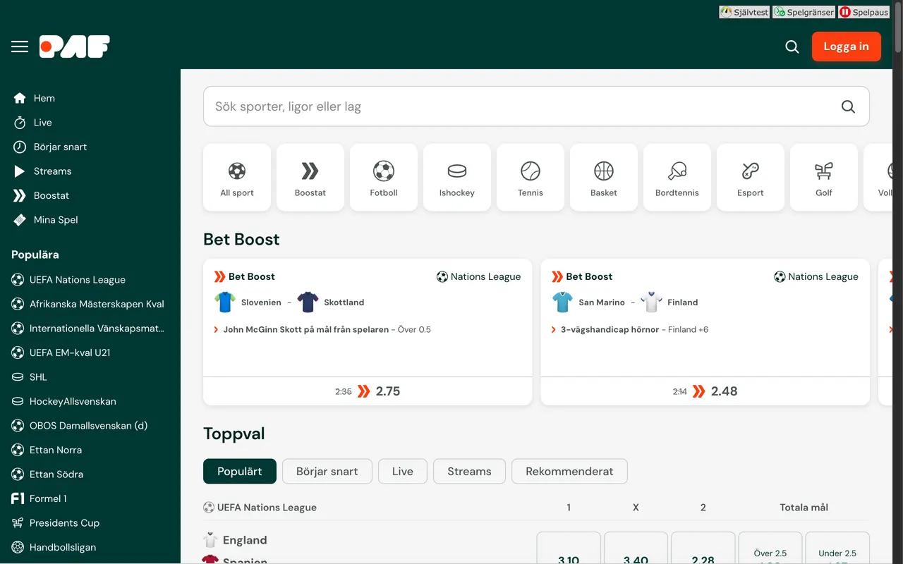 Sportsboken hos Paf