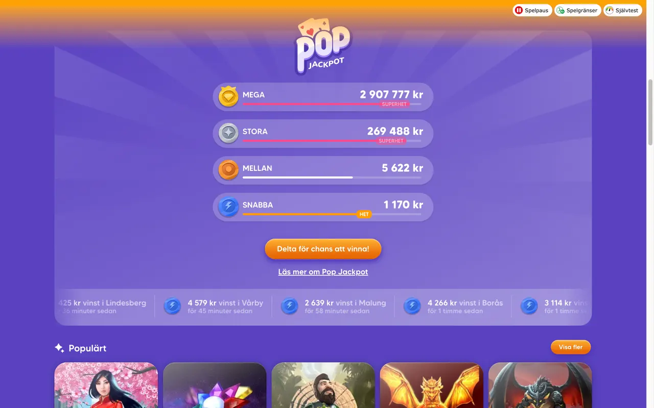 Spelutbudet hos Pop Casino