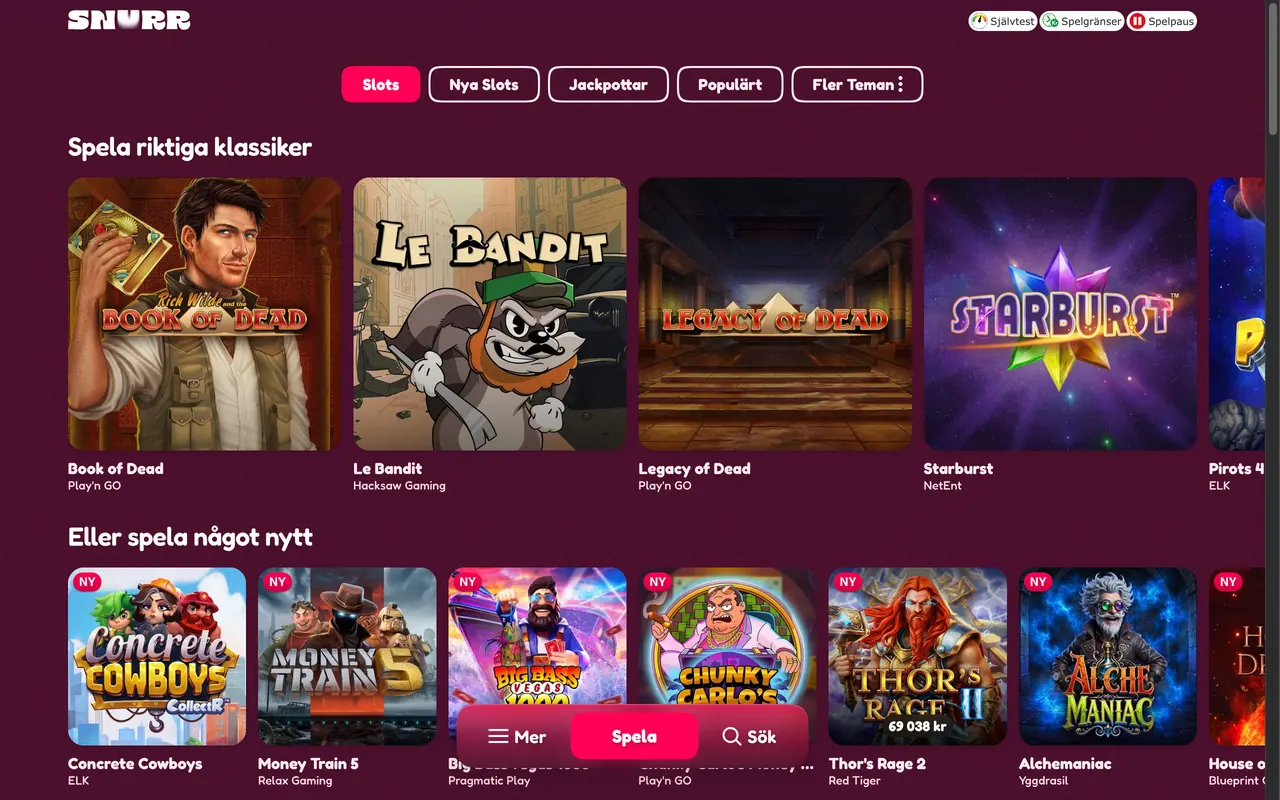 Slotslobbyn hos Snurr Casino