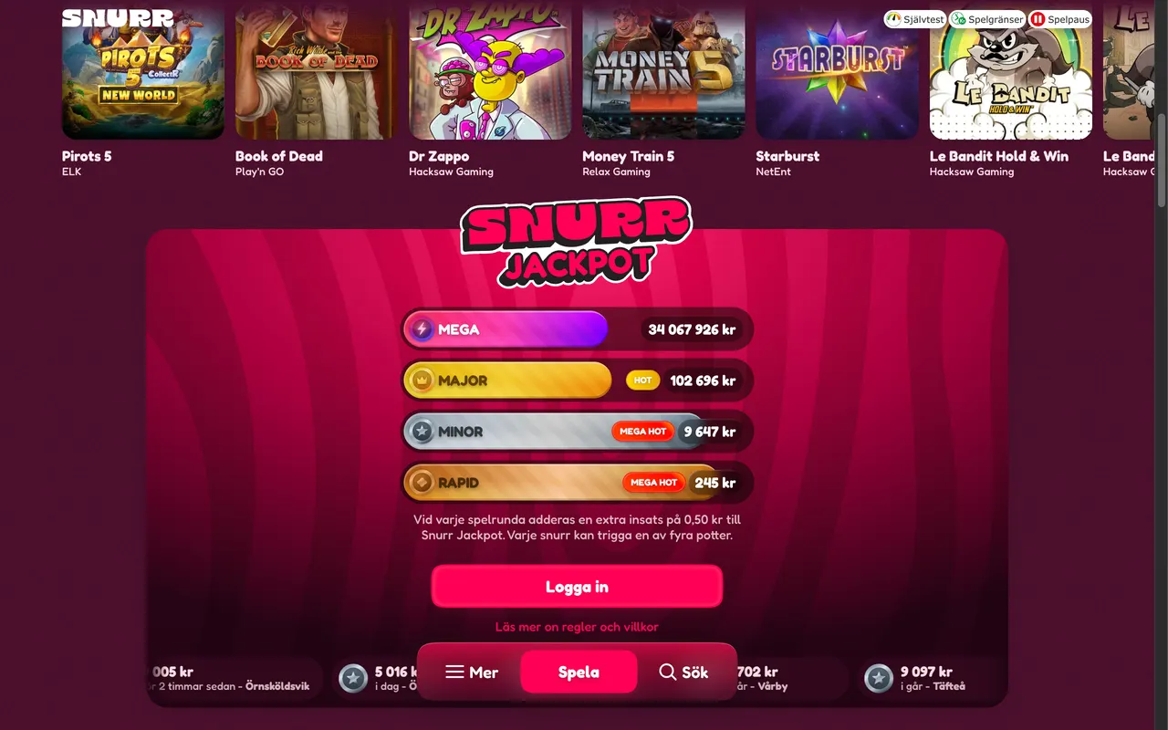 Jackpottwidgeten hos Snurr Casino med fyra potter