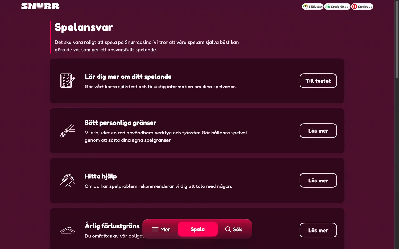 Spelansvarssidan hos Snurr Casino