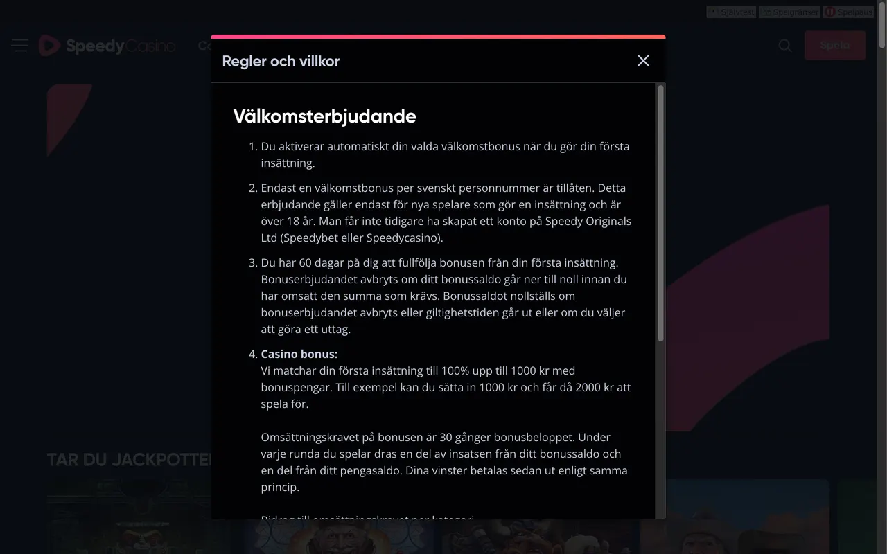 Bonusvillkoren hos Speedy Casino