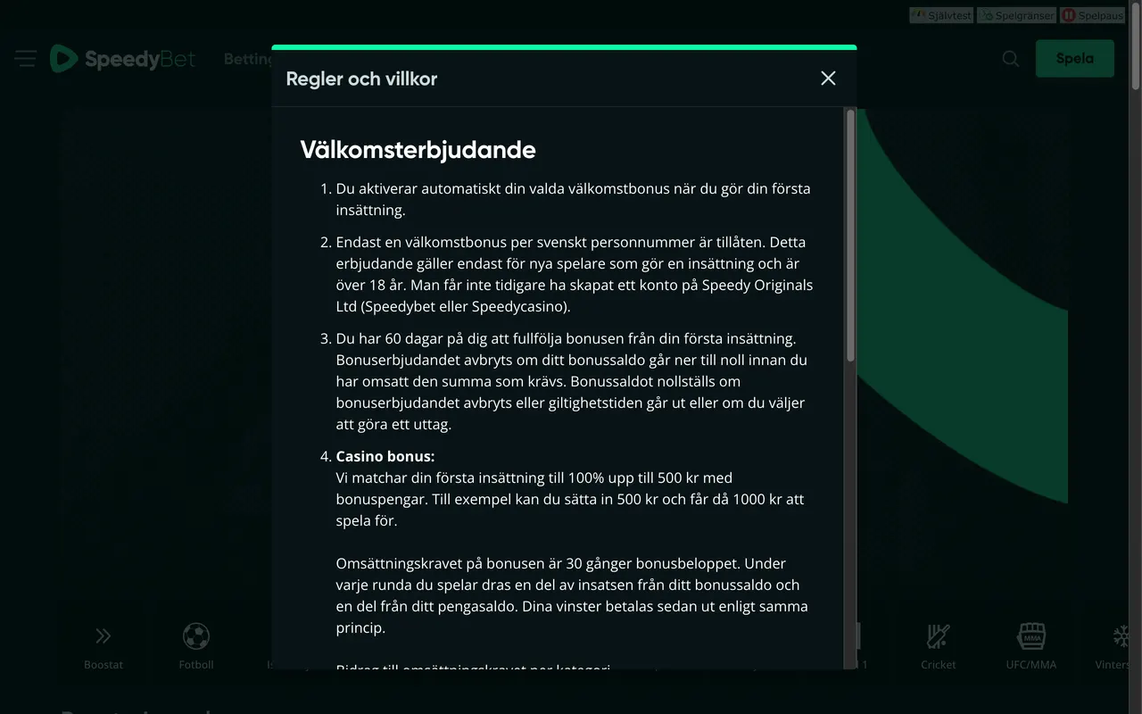 Bonusvillkoren hos SpeedyBet