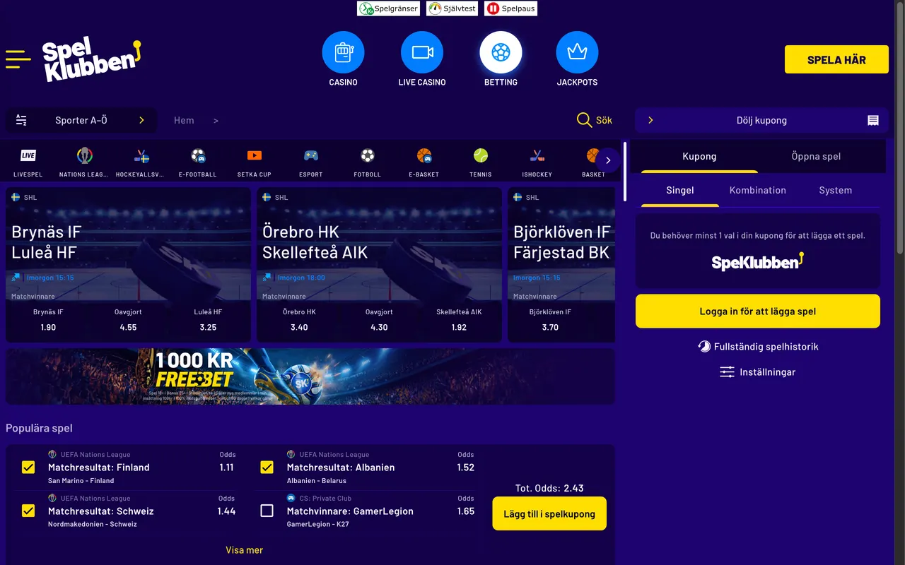 Sportsboken hos Spelklubben