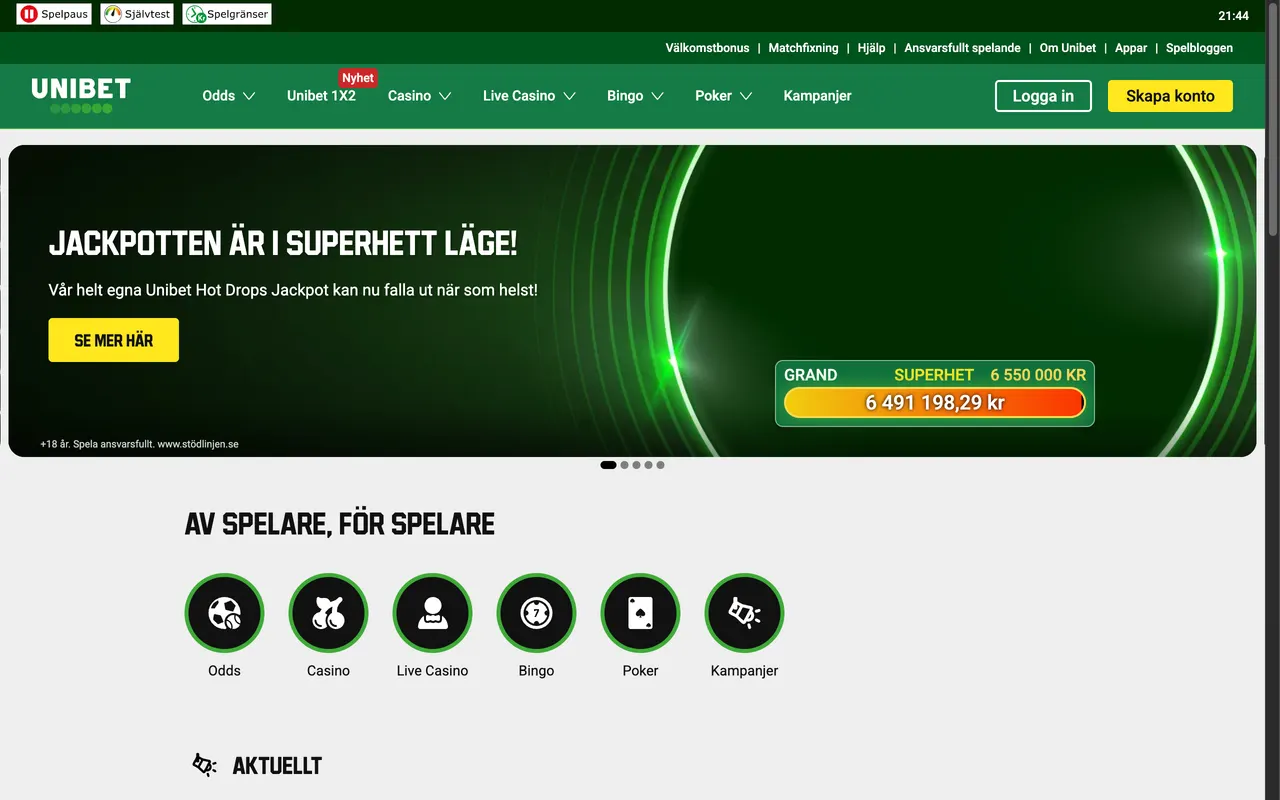 Startsidan hos Unibet
