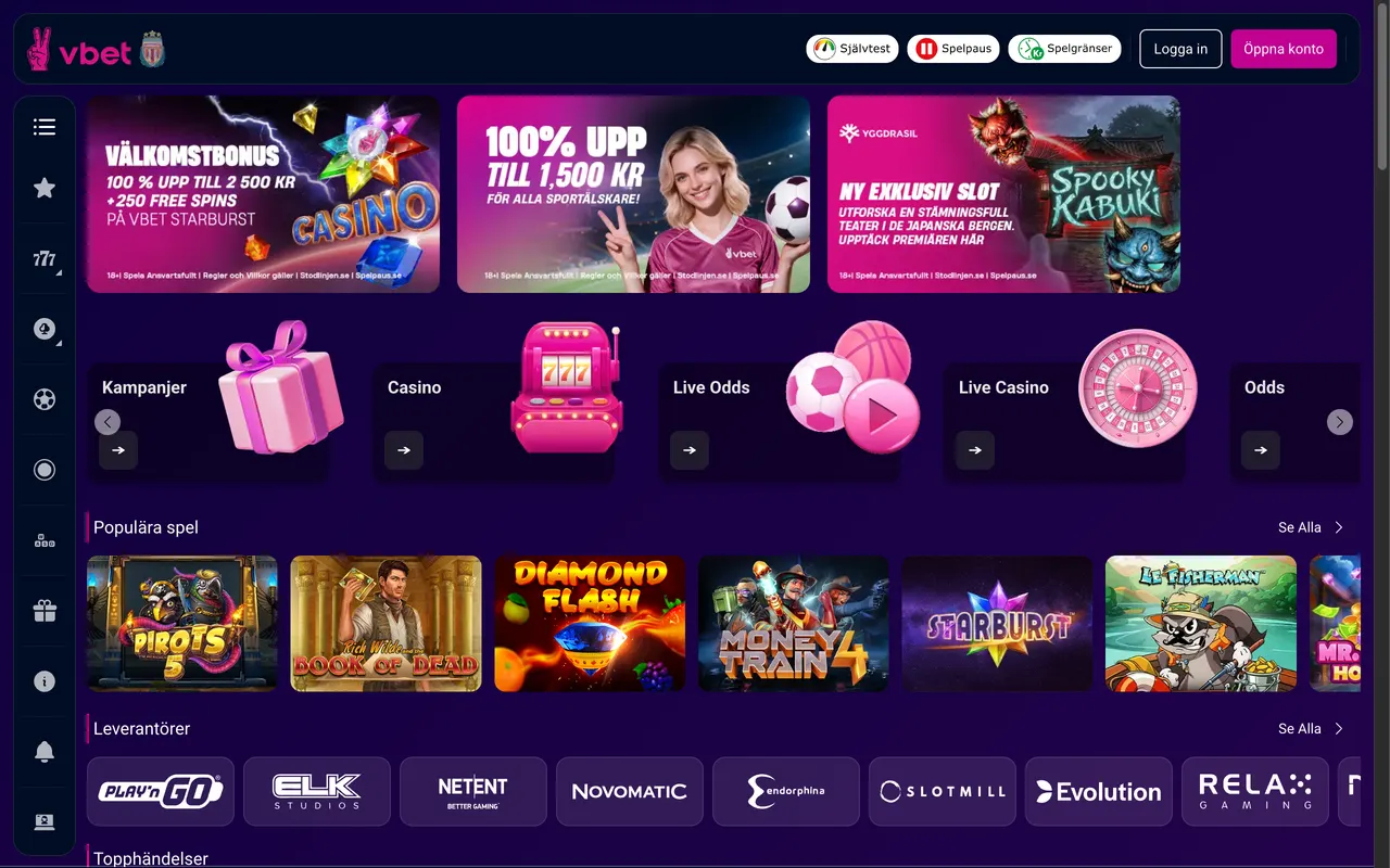 Startsidan hos VBET