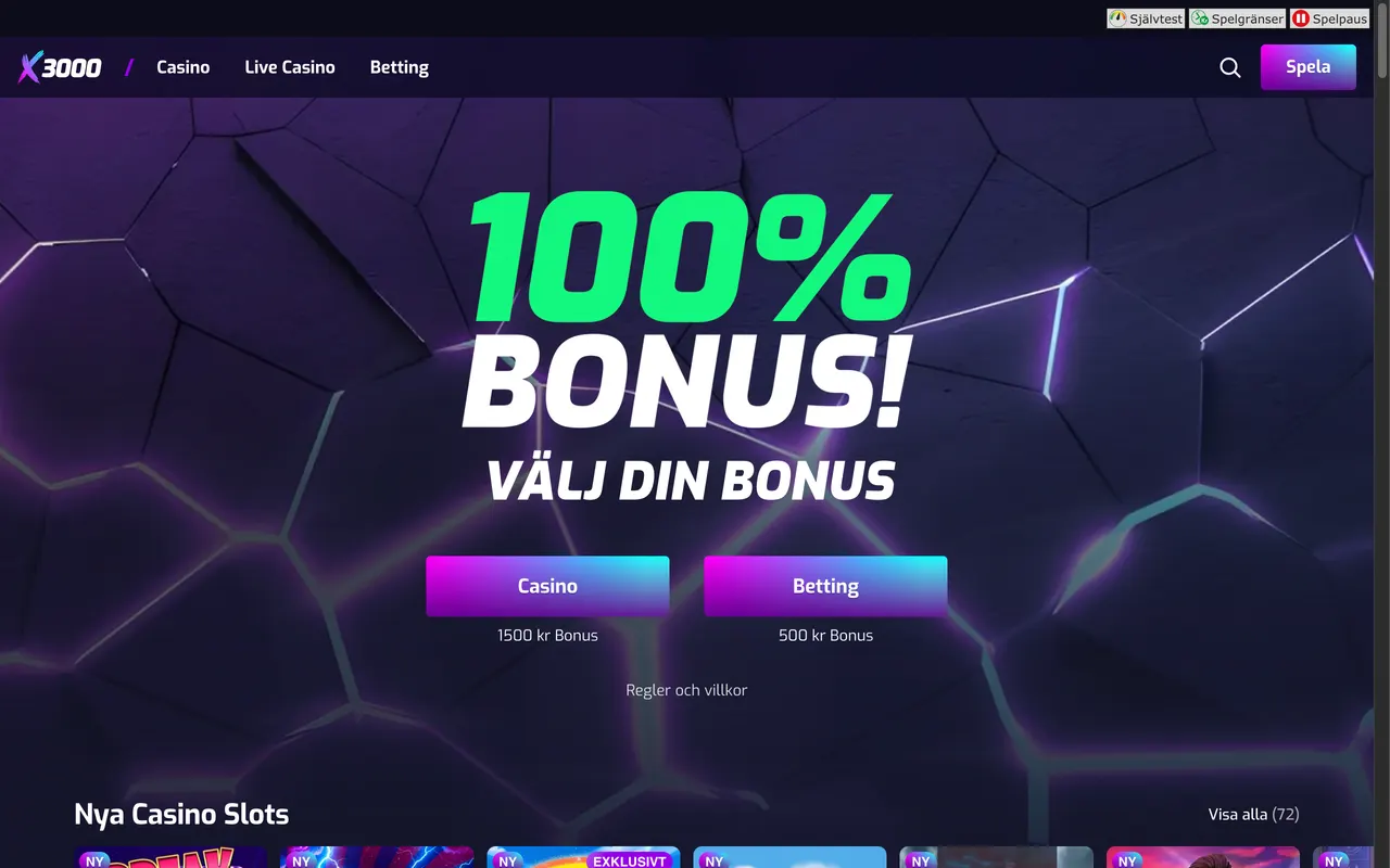 Startsidan hos X3000 med bonusväljaren