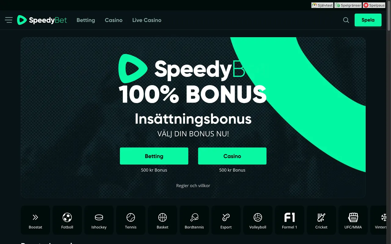 Startsidan hos SpeedyBet