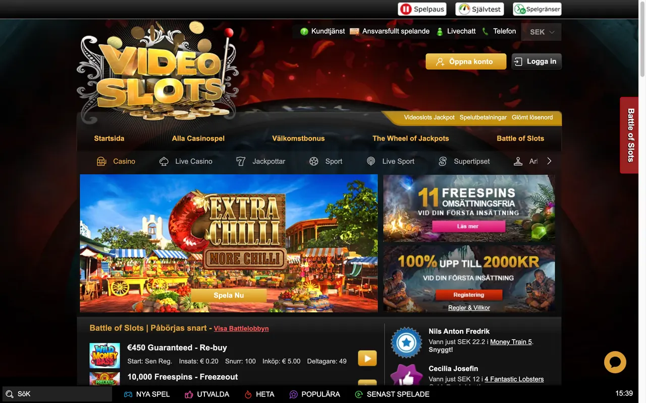 Startsidan hos Videoslots